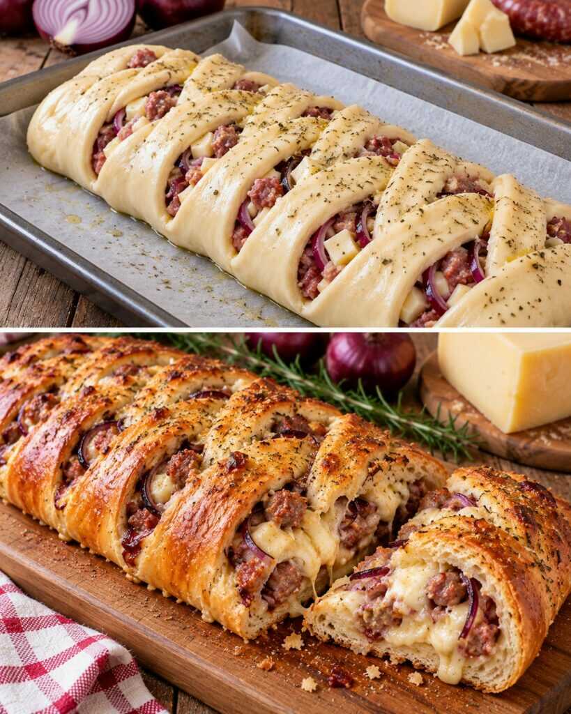 Focaccia Intrecciata con Cipolle Rosse, Salsiccia e Caciocavallo