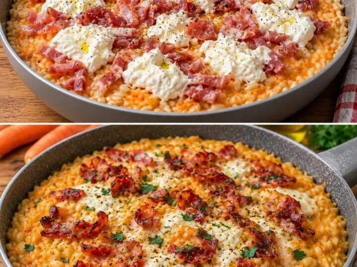 Orzotto con Crema di Carote, Speck Croccante e Stracciatella