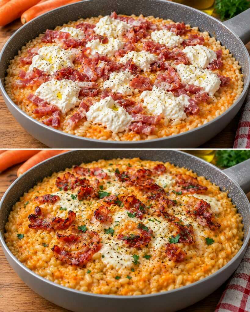Orzotto con Crema di Carote, Speck Croccante e Stracciatella