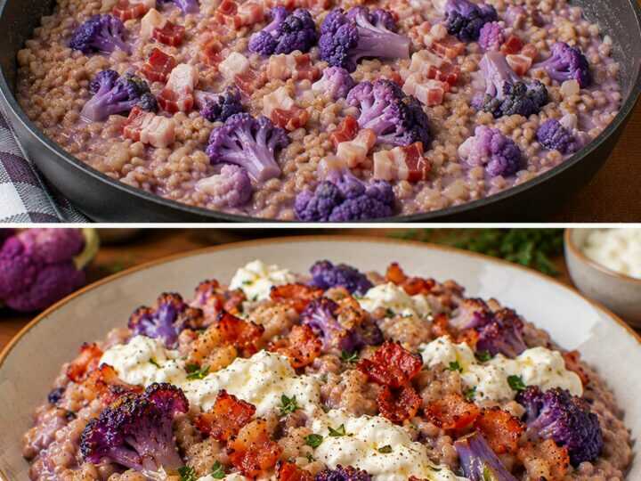 Farrotto Cremoso con Cavolfiore Viola, Pancetta Croccante e Stracciatella