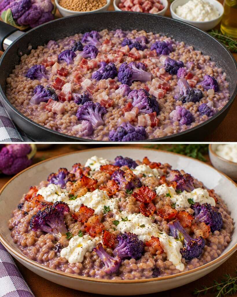 Farrotto Cremoso con Cavolfiore Viola, Pancetta Croccante e Stracciatella