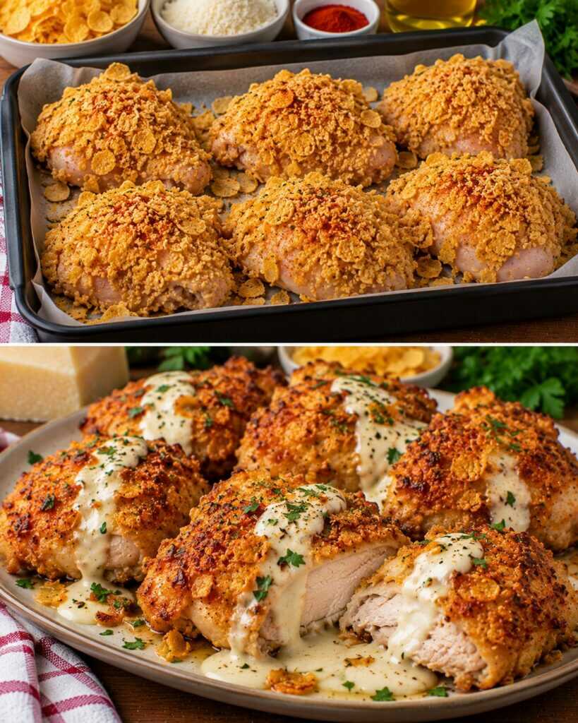 Pollo al Forno con Crosta di Corn Flakes, Paprika Dolce e Salsa al Parmigiano