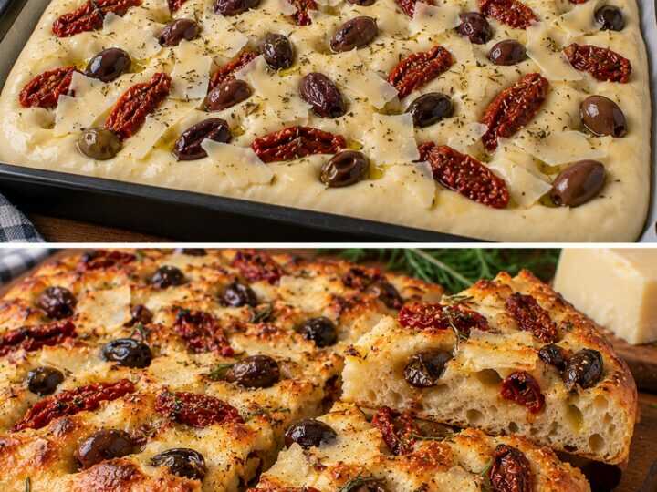 Focaccia Rustica con Pomodori Secchi, Olive Taggiasche e Pecorino