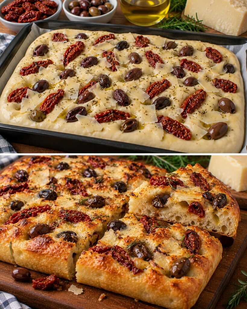 Focaccia Rustica con Pomodori Secchi, Olive Taggiasche e Pecorino