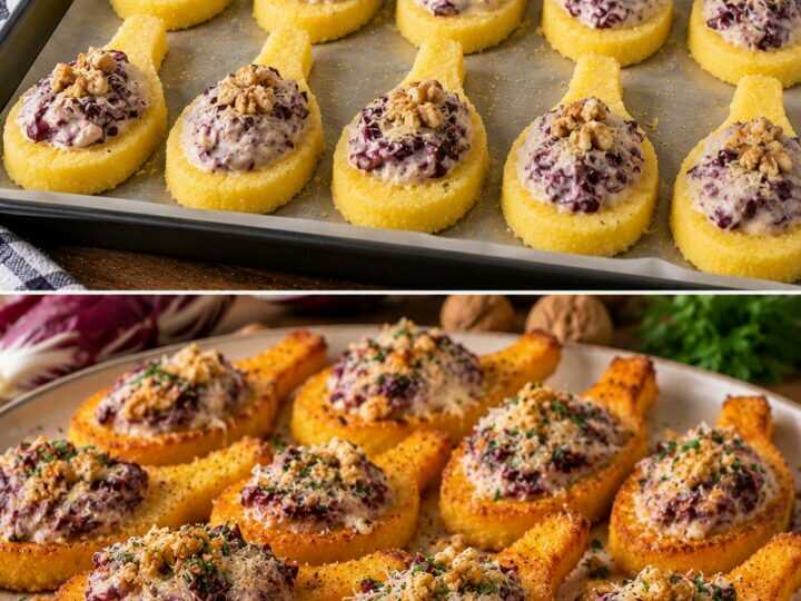 Cucchiai di Polenta Croccante con Crema di Radicchio e Noci