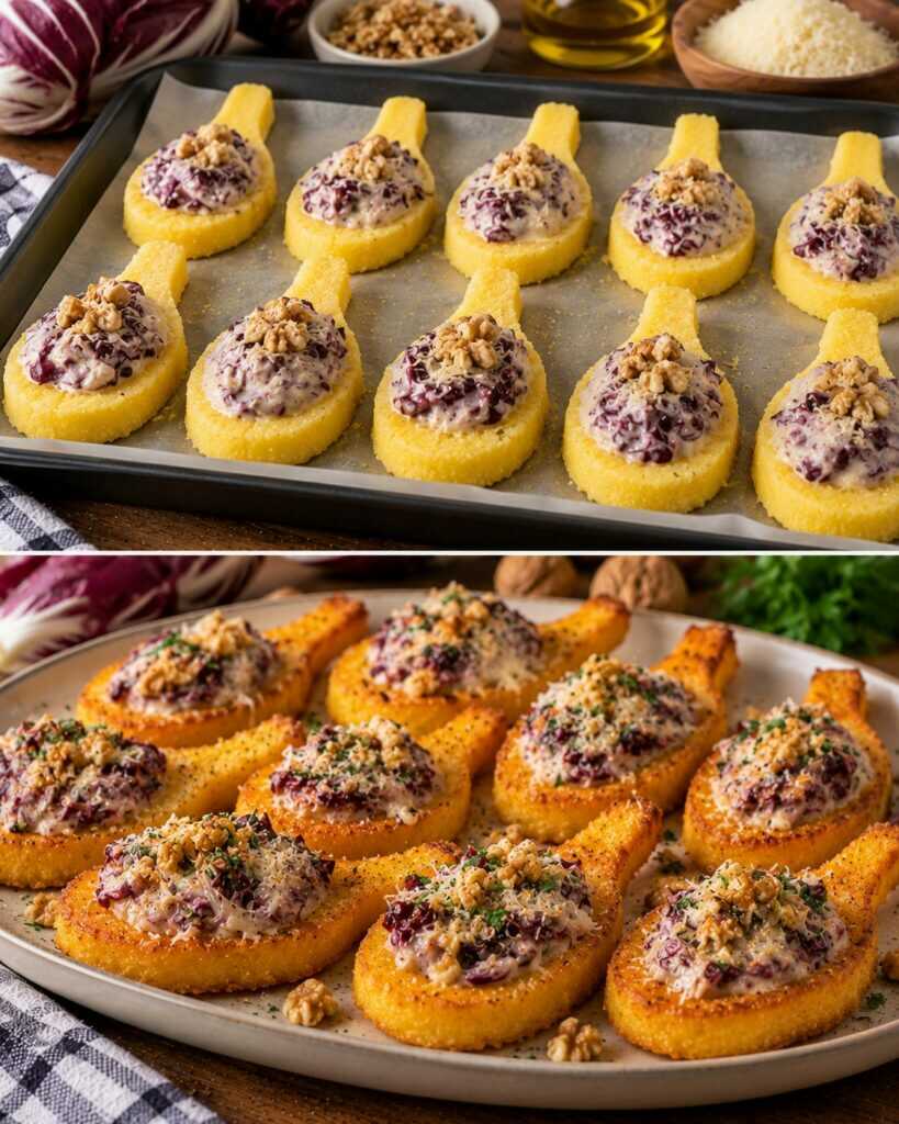Cucchiai di Polenta Croccante con Crema di Radicchio e Noci