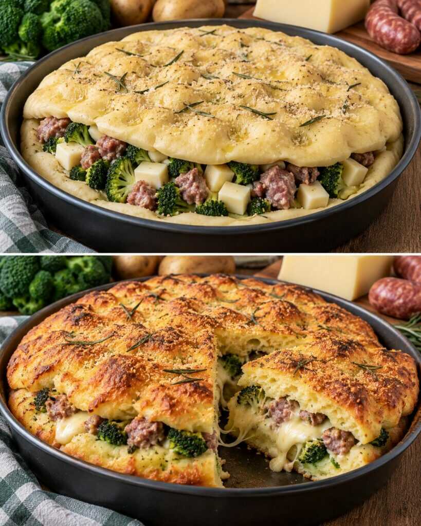 Focaccia di Patate Ripiena con Broccoli, Salsiccia e Provolone