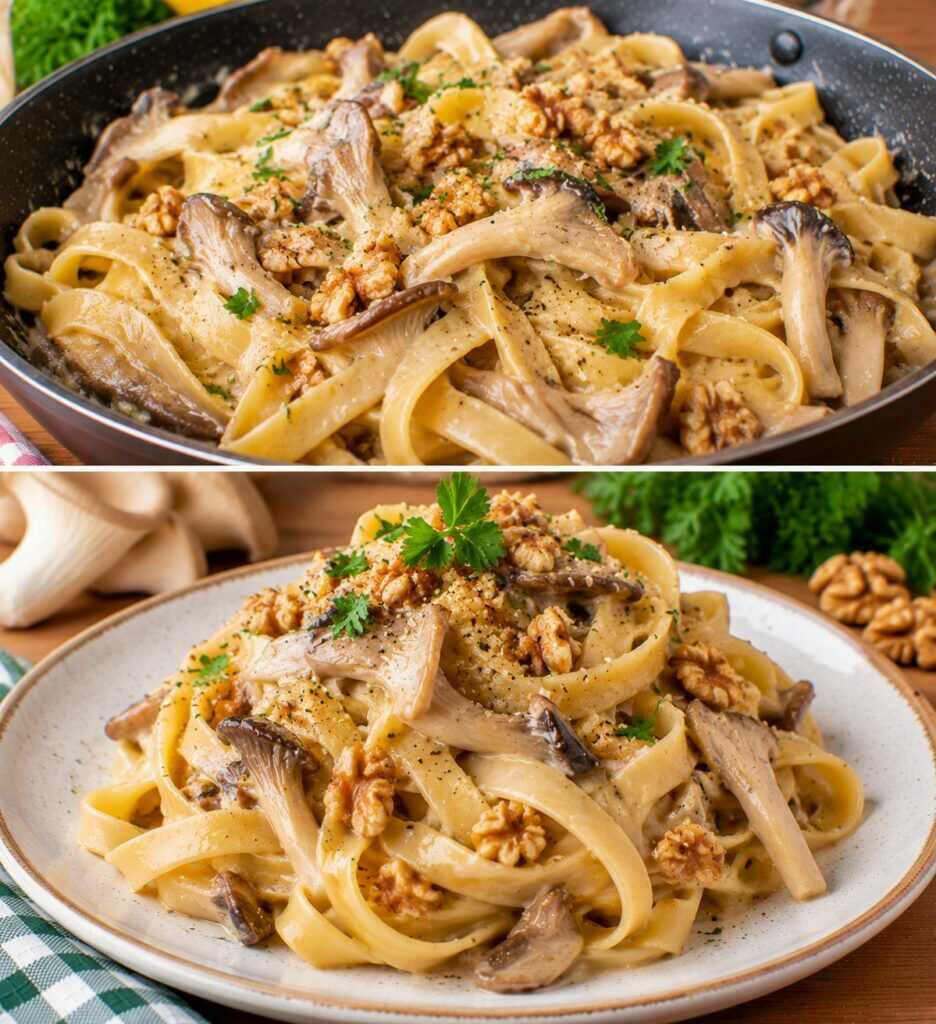 Tagliatelle con Crema di Funghi Pleurotus, Mascarpone e Noci Tostate: Cremose, Profumate e Irresistibili