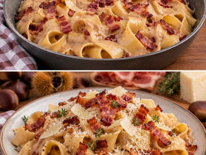 Pappardelle con Crema di Castagne, Speck Croccante e Pecorino