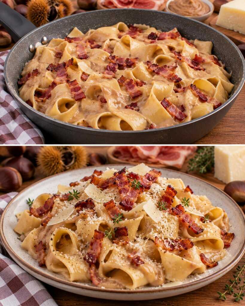 Pappardelle con Crema di Castagne, Speck Croccante e Pecorino