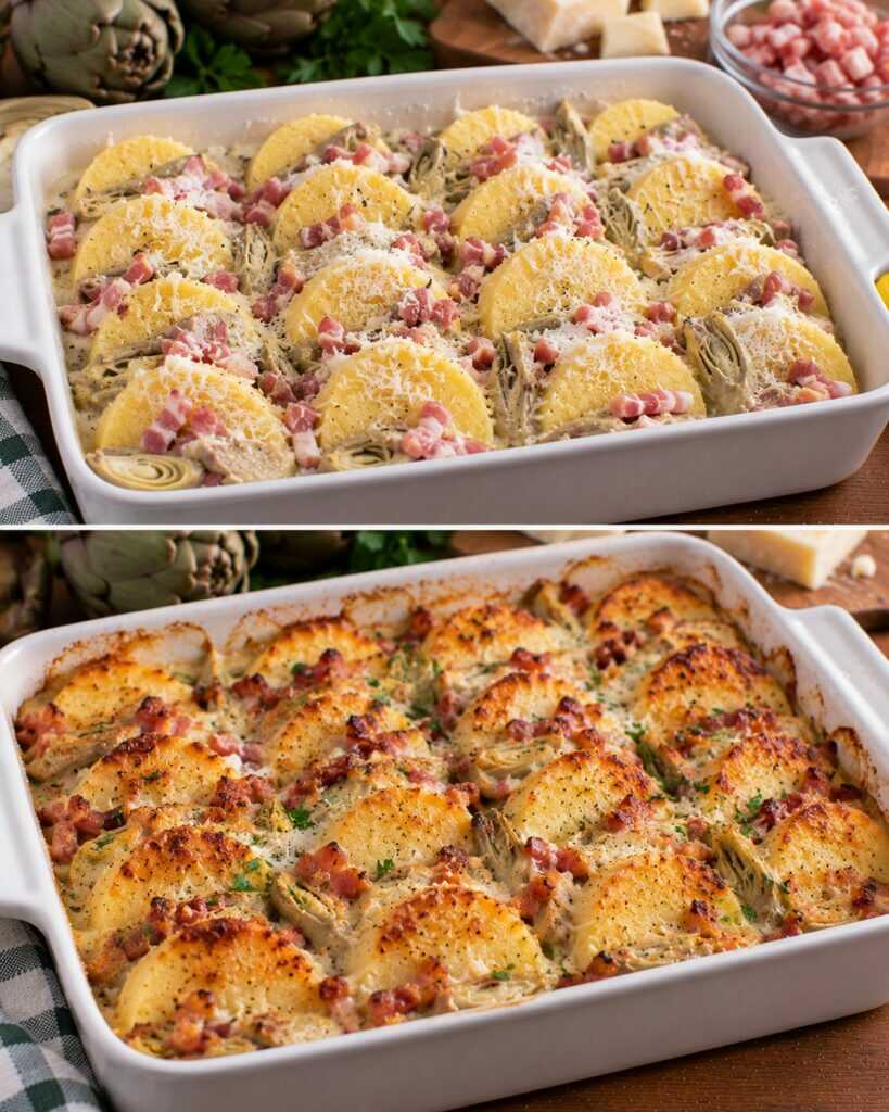 Gnocchi alla Romana con Crema di Carciofi, Pancetta e Pecorino