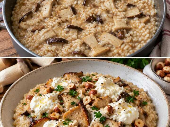 Risotto ai Funghi Cardoncelli con Burrata e Nocciole Tostate