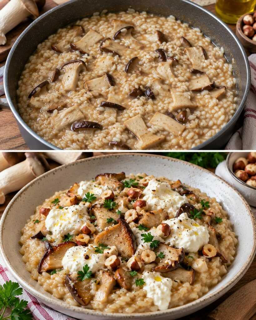Risotto ai Funghi Cardoncelli con Burrata e Nocciole Tostate