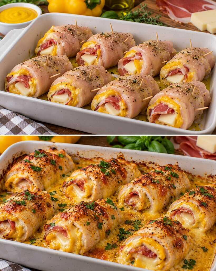 Involtini di Pollo con Crema di Peperoni Gialli, Speck e Provolone