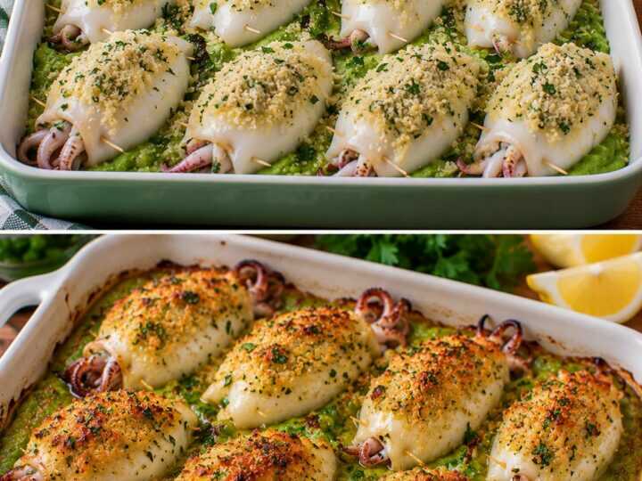 Seppie Gratinate con Crema di Piselli e Pangrattato alle Erbe