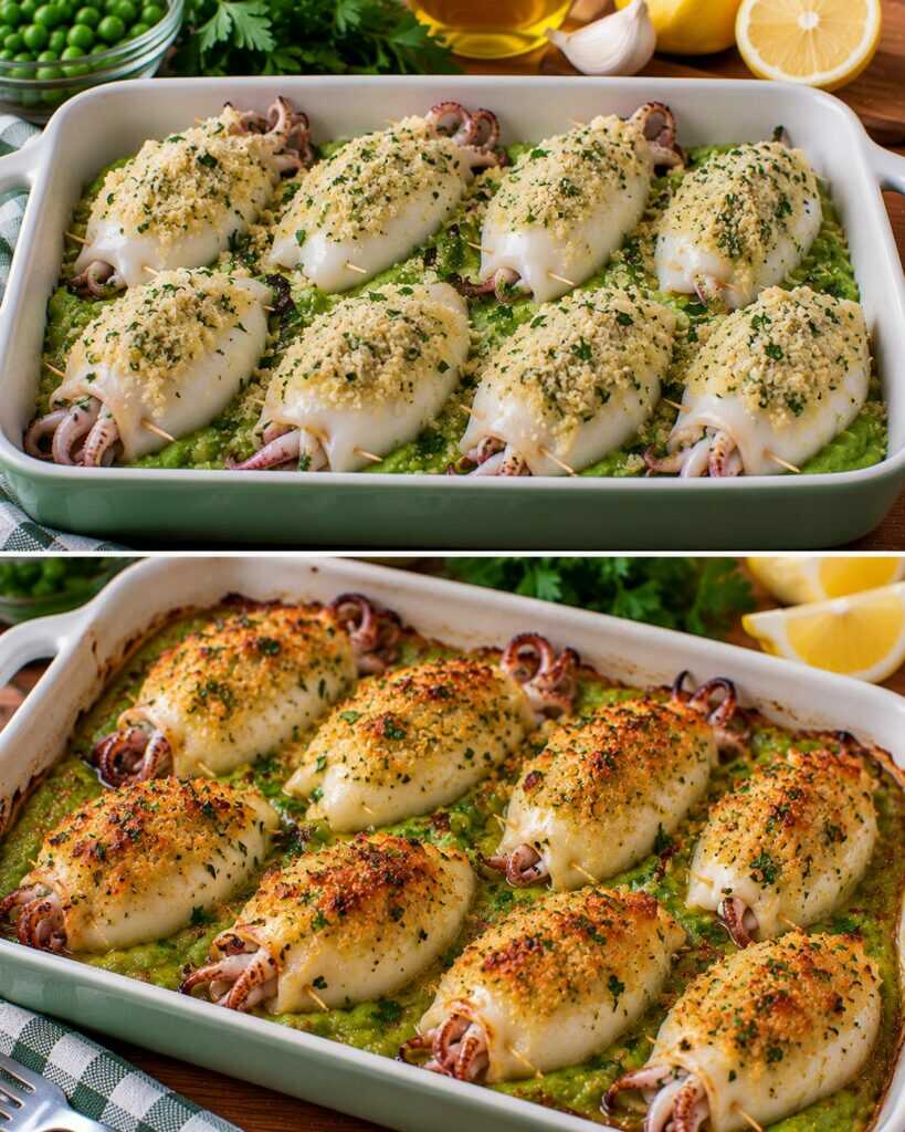 Seppie Gratinate con Crema di Piselli e Pangrattato alle Erbe