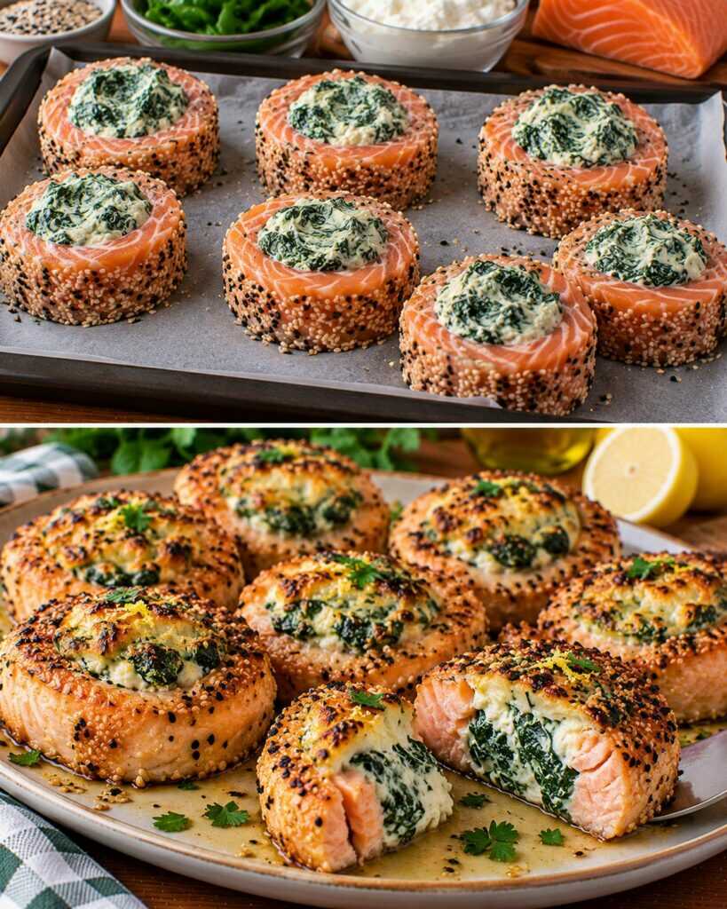 Medaglioni di Salmone con Spinaci, Ricotta e Crosta di Sesamo