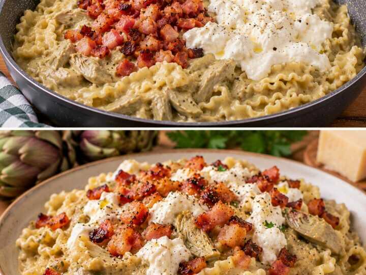 Mafaldine con Crema di Carciofi, Guanciale Croccante e Stracciatella