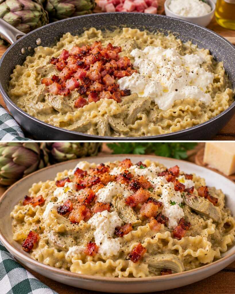 Mafaldine con Crema di Carciofi, Guanciale Croccante e Stracciatella