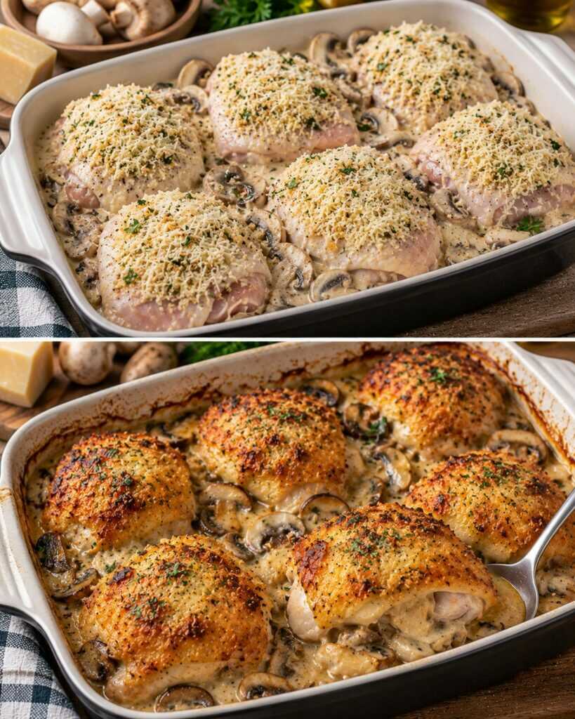 Sovracosce di Pollo al Forno con Crema di Funghi e Crosta di Pecorino