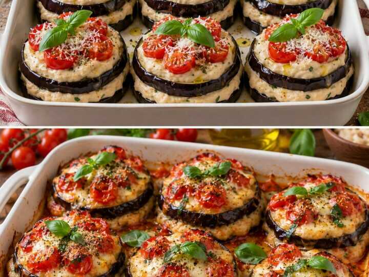 Melanzane a Torretta con Crema di Cannellini, Pomodorini e Basilico