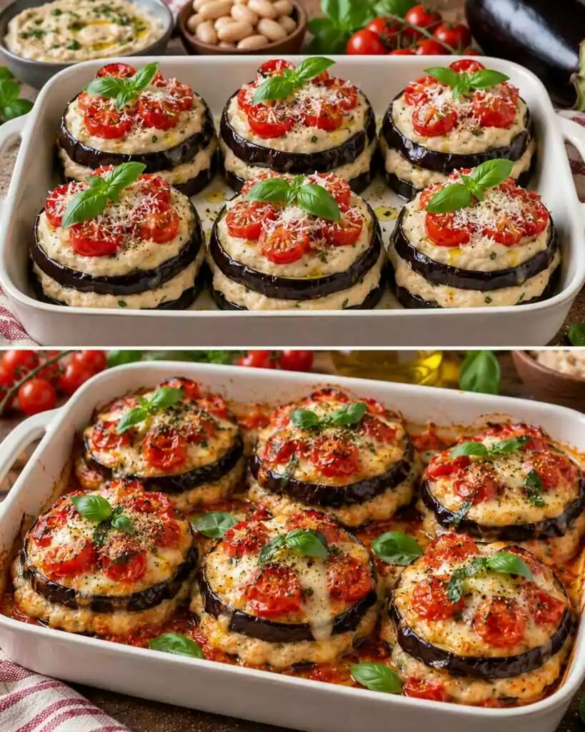 Melanzane a Torretta con Crema di Cannellini, Pomodorini e Basilico