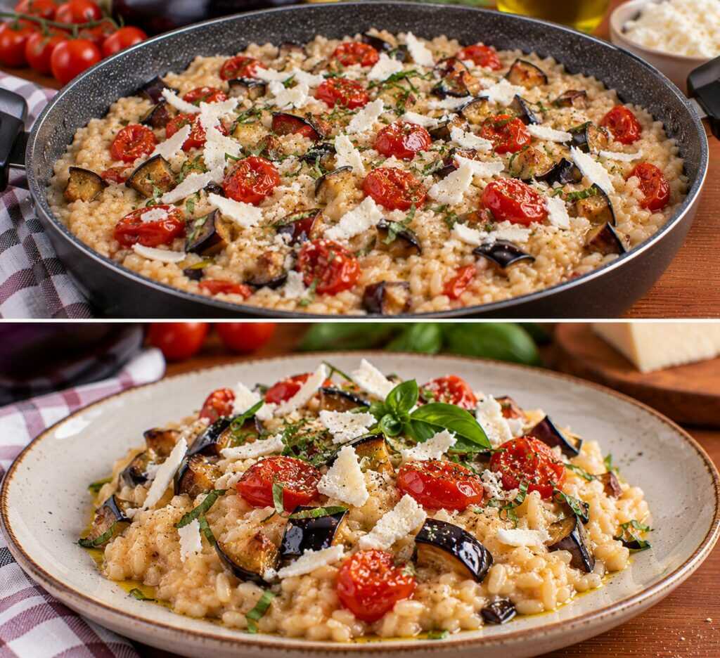 Risotto alle Melanzane Affumicate con Pomodorini Confit e Ricotta Salata