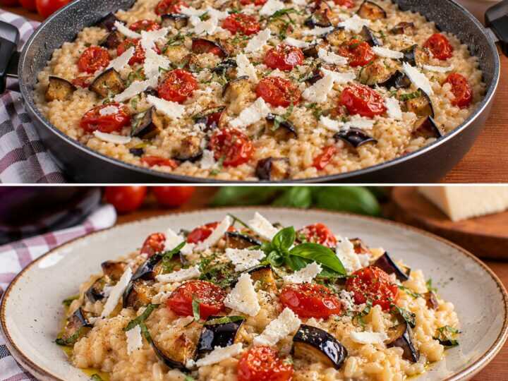Risotto alle Melanzane Affumicate con Pomodorini Confit e Ricotta Salata