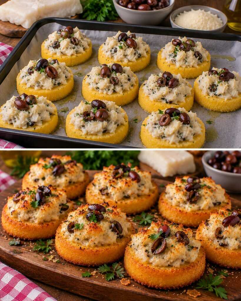 Bocconcini di Polenta Croccante con Crema di Baccalà e Olive Taggiasche