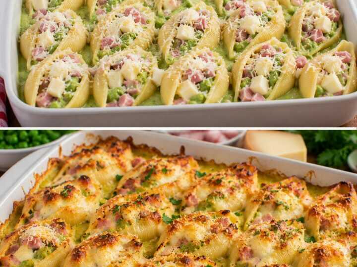 Conchiglioni Gratinati con Crema di Piselli, Prosciutto Cotto e Scamorza