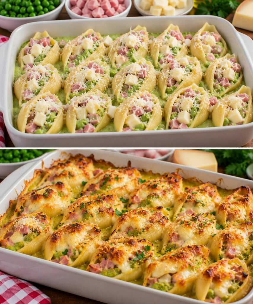 Conchiglioni Gratinati con Crema di Piselli, Prosciutto Cotto e Scamorza