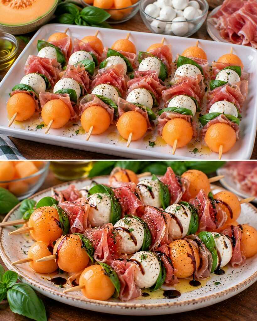 🍈 Spiedini di Melone, Mozzarelline e Prosciutto Crudo al Basilico