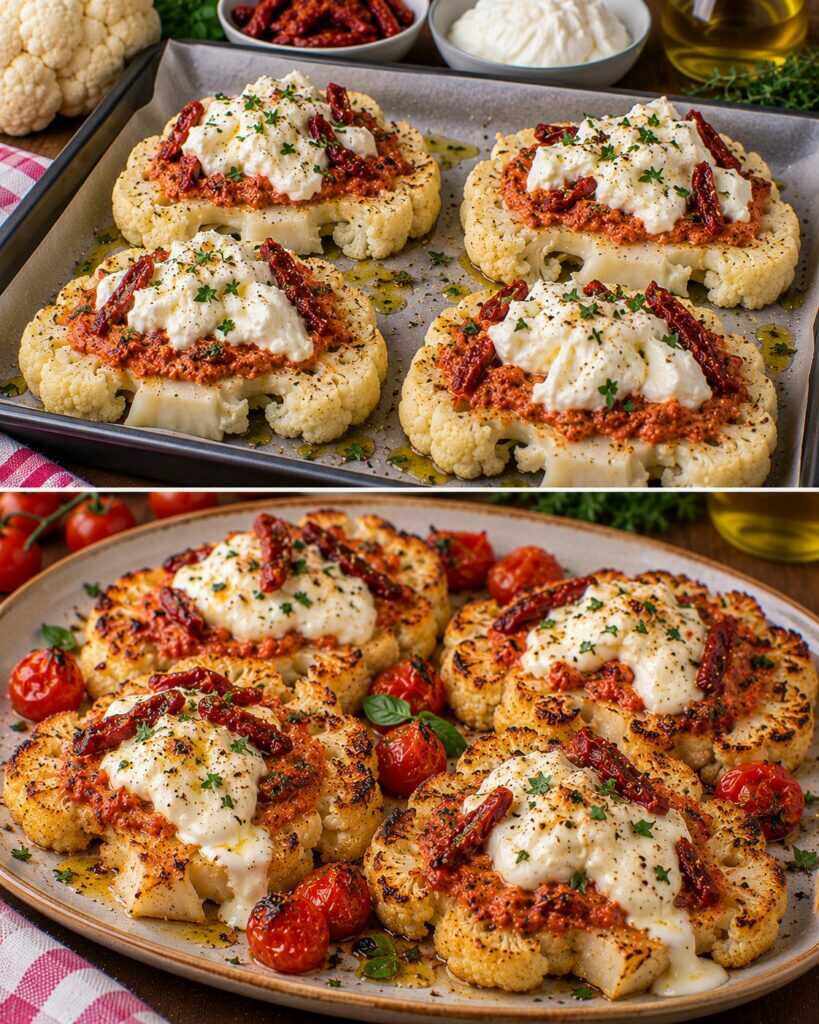 Cavolfiore a Bistecche con Crema di Pomodori Secchi e Burrata