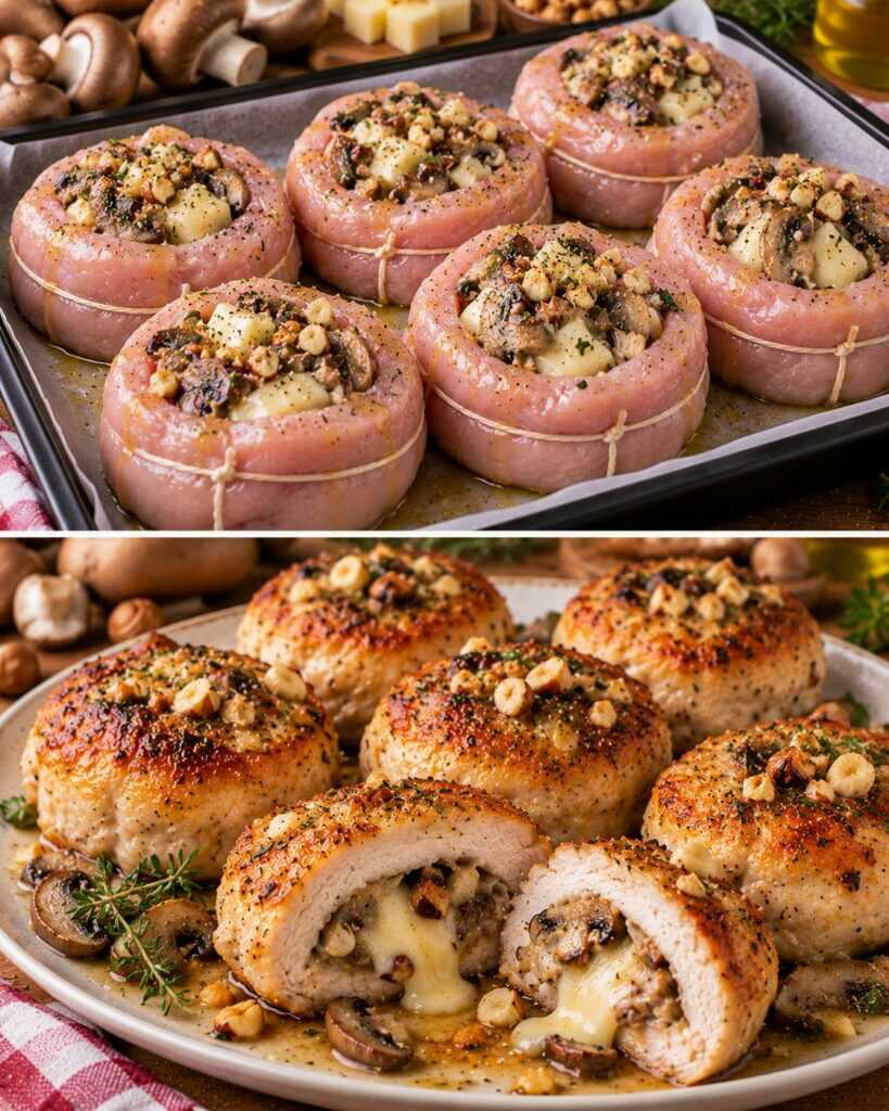 Medaglioni di Tacchino Ripieni di Funghi, Scamorza e Nocciole