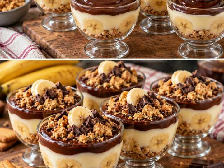 Coppe Cremose alla Banana con Ganache Fondente e Biscotti Sbriciolati