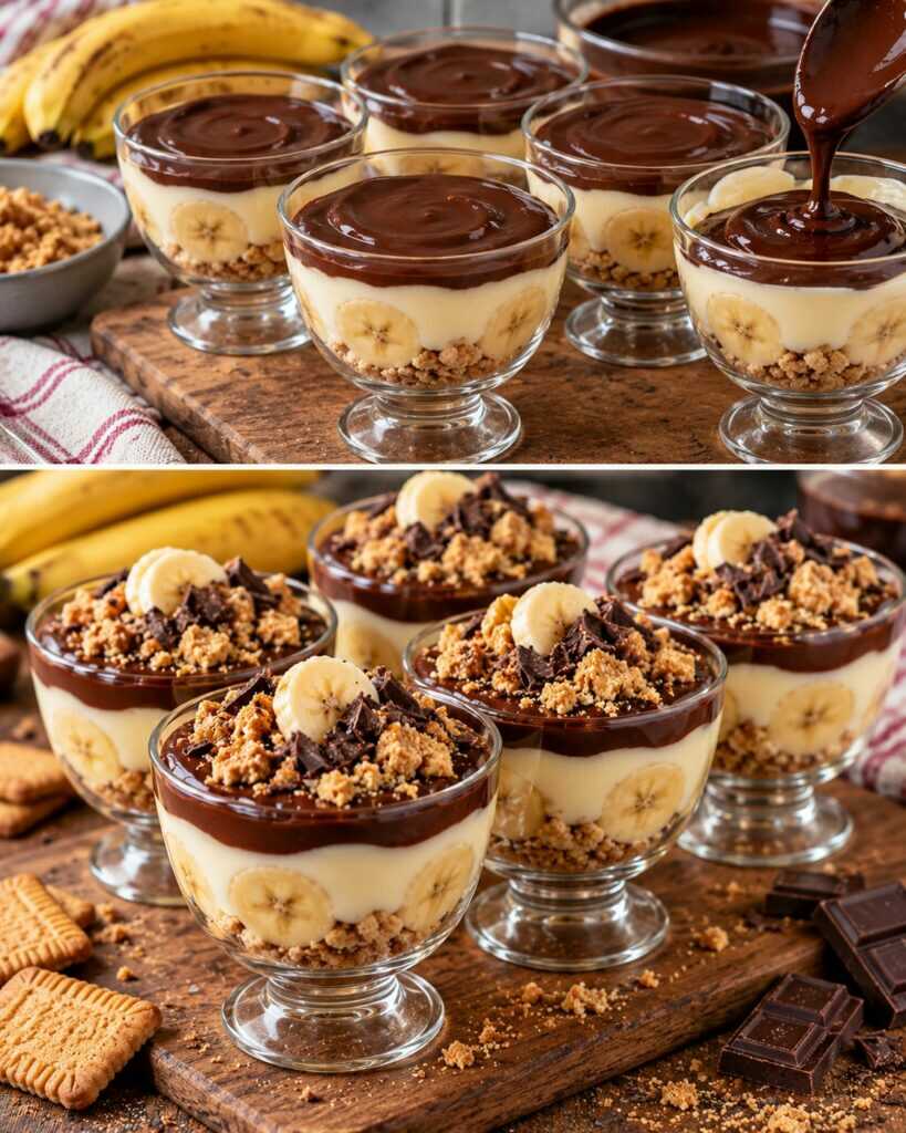 Coppe Cremose alla Banana con Ganache Fondente e Biscotti Sbriciolati