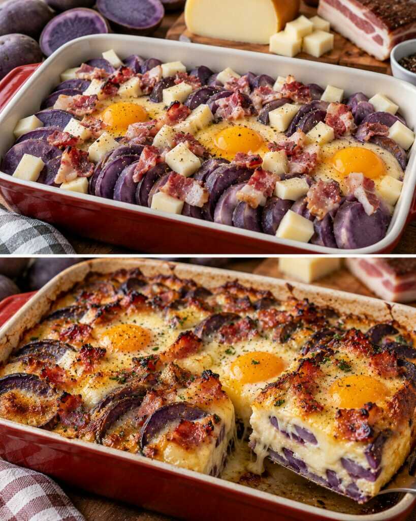 🥔 Sformato di Uova con Patate Viola, Provola e Guanciale Croccante