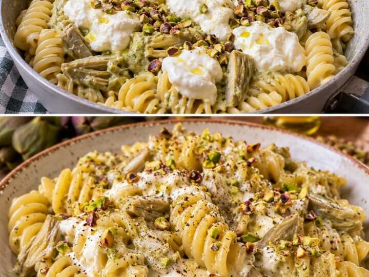 Fusilloni con Crema di Carciofi, Stracciatella e Pistacchi