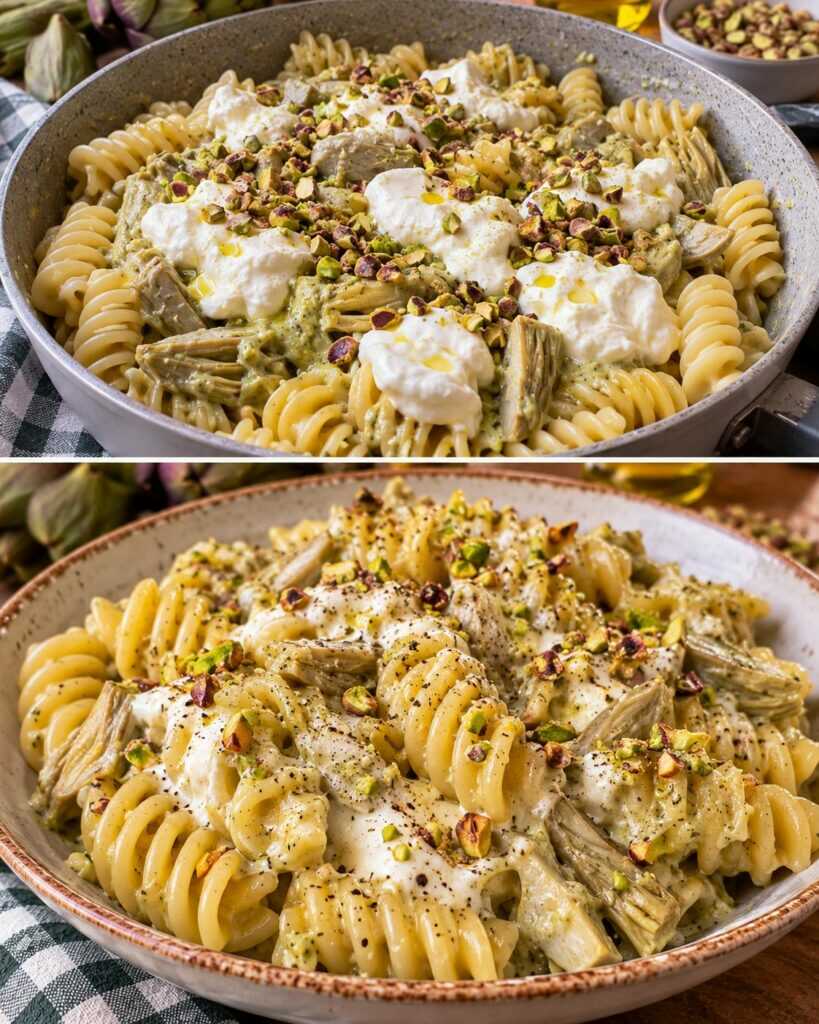 Fusilloni con Crema di Carciofi, Stracciatella e Pistacchi