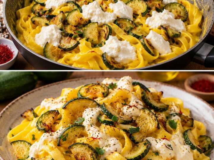 Tagliatelle con Crema di Zafferano, Zucchine Croccanti e Burrata
