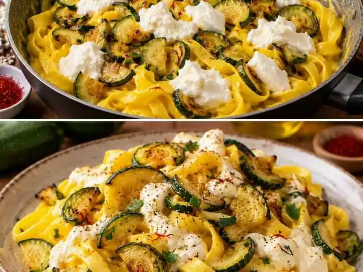 Tagliatelle con Crema di Zafferano, Zucchine Croccanti e Burrata