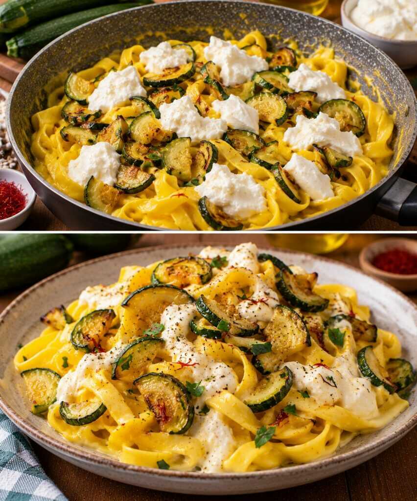 Tagliatelle con Crema di Zafferano, Zucchine Croccanti e Burrata