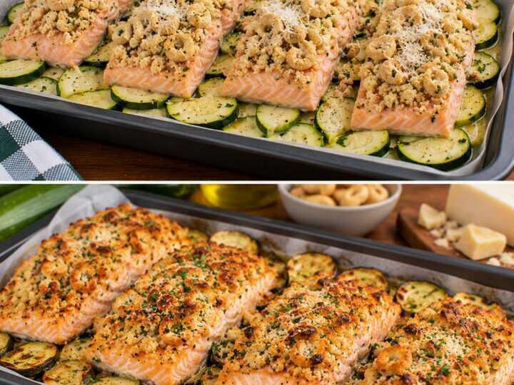 Salmone al Forno con Crosta di Taralli, Zucchine e Pecorino