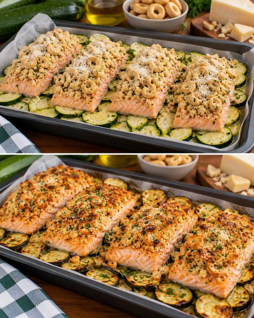 Salmone al Forno con Crosta di Taralli, Zucchine e Pecorino
