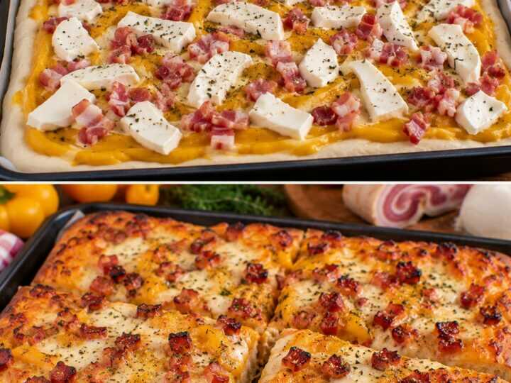 Pizza al Forno con Crema di Peperoni Gialli, Pancetta e Fior di Latte