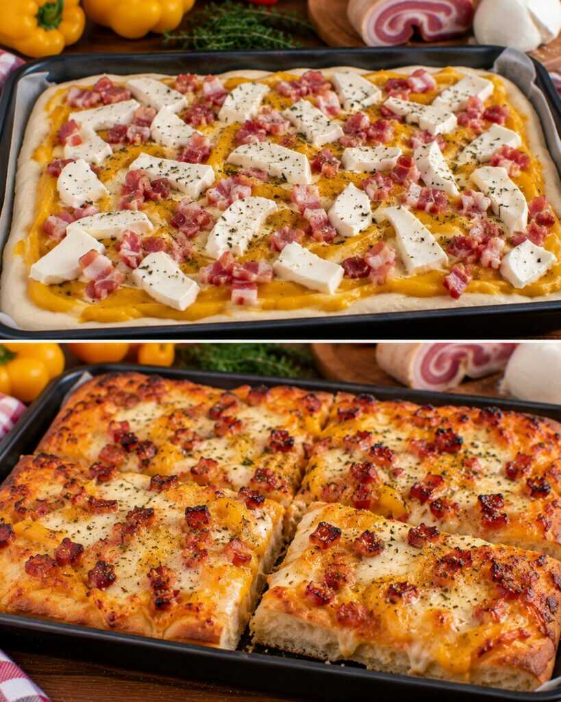 Pizza al Forno con Crema di Peperoni Gialli, Pancetta e Fior di Latte