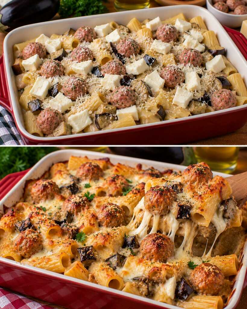 🍝 Tortiglioni al Forno con Crema di Melanzane, Polpettine e Mozzarella