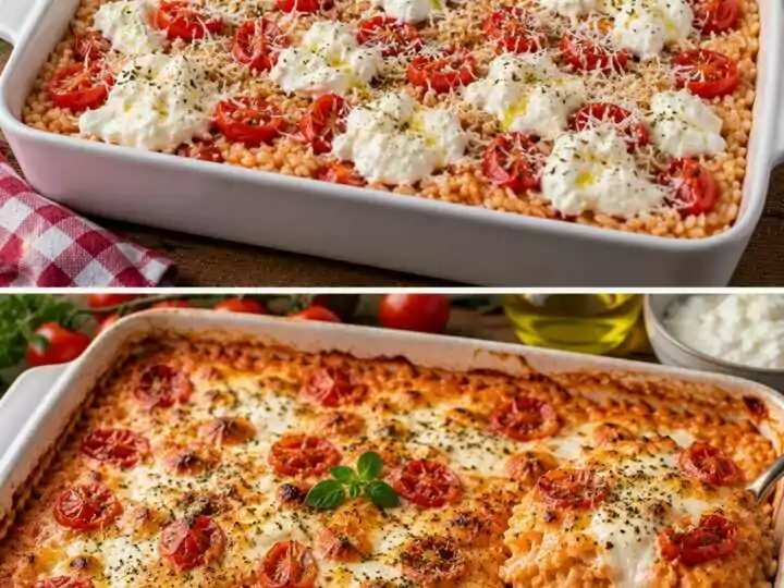 Riso Carnaroli al Forno con Crema di Pomodori Datterini, Stracciatella e Origano