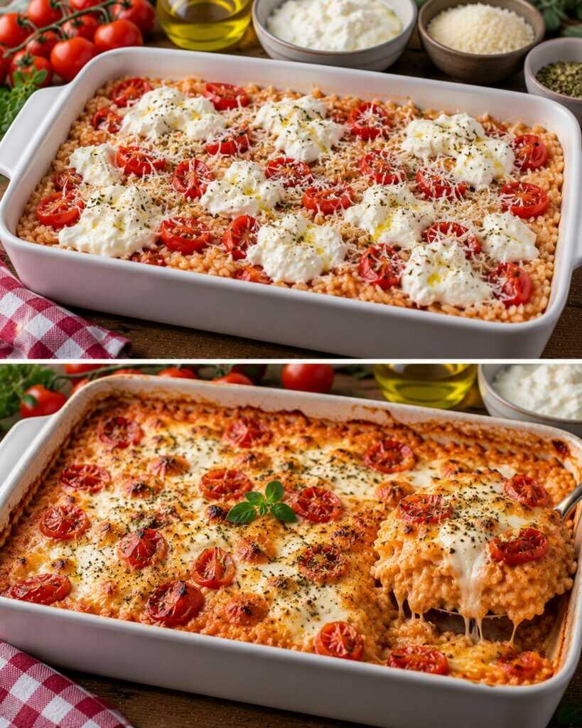 Riso Carnaroli al Forno con Crema di Pomodori Datterini, Stracciatella e Origano
