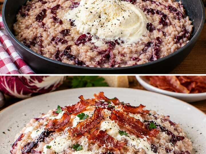 Risotto al Radicchio con Crema di Mascarpone e Speck Croccante